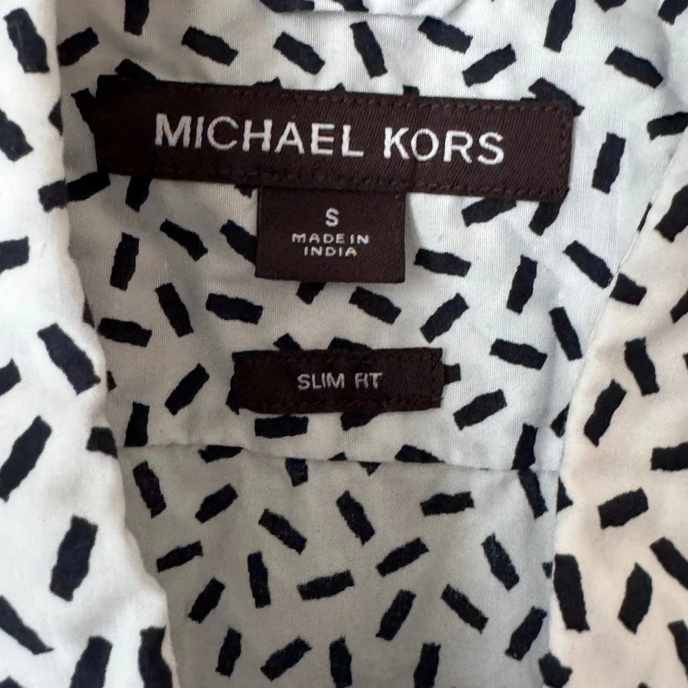 Michael Kors Mens Slim Fit Short Sleeve Button Down Shirt White‎ Black Dashed S